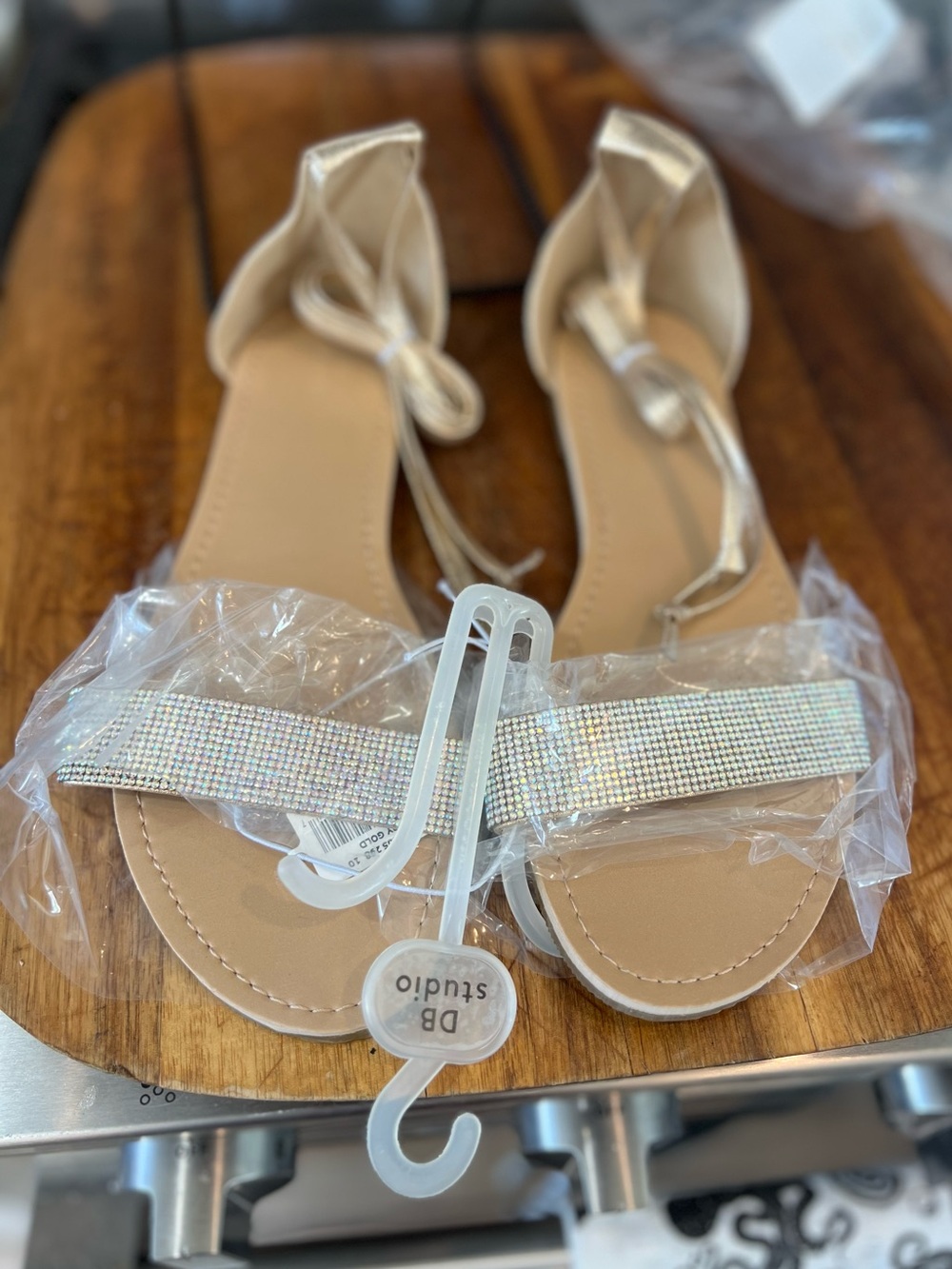 NWT Ellery Metallic Gold Lace-Up Rhinestone Flat Sandals - Size 10